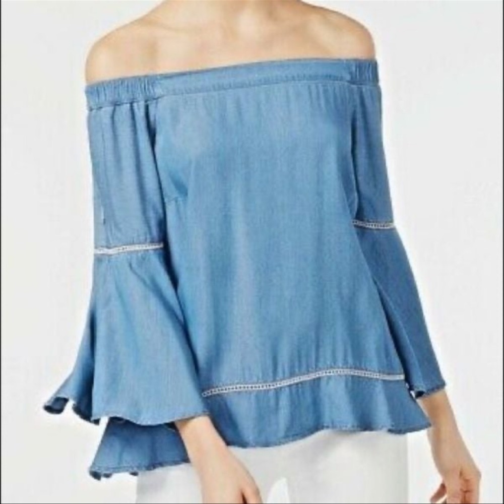 International Concepts Petite Off the Shoulder Denim Top Indigo PP NWT